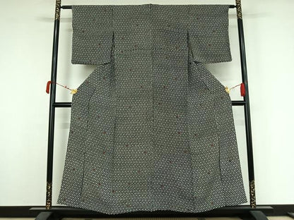 平和屋着物▽上質な小紋　単衣　刺繍　亀甲花文　黒地　正絹　逸品　AABK3610jh