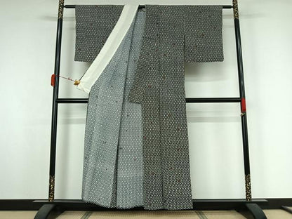 平和屋着物▽上質な小紋　単衣　刺繍　亀甲花文　黒地　正絹　逸品　AABK3610jh
