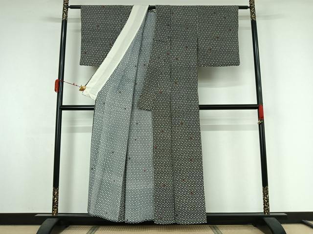 平和屋着物▽上質な小紋　単衣　刺繍　亀甲花文　黒地　正絹　逸品　AABK3610jh