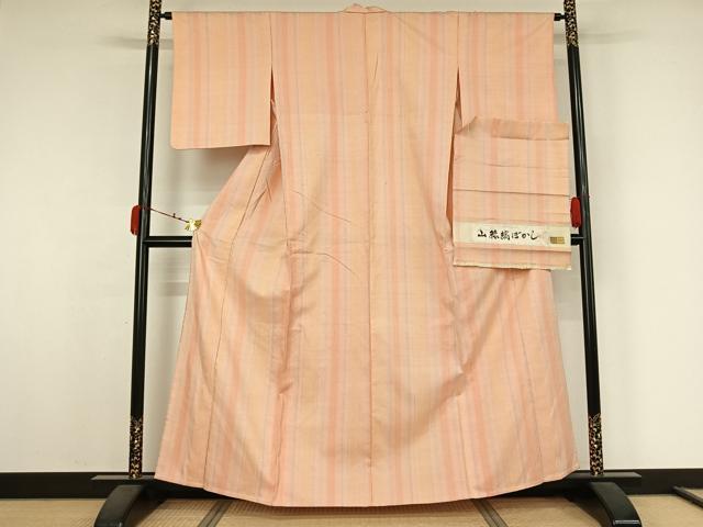 平和屋着物▽紅花紬　米沢　単衣　縞　反端付き　正絹　逸品　AABK3612jh