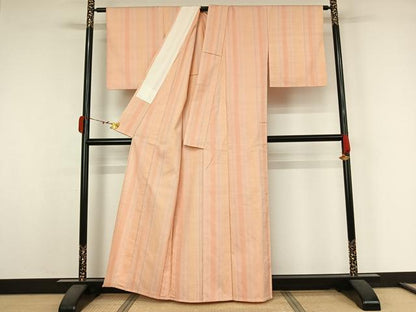 平和屋着物▽紅花紬　米沢　単衣　縞　反端付き　正絹　逸品　AABK3612jh