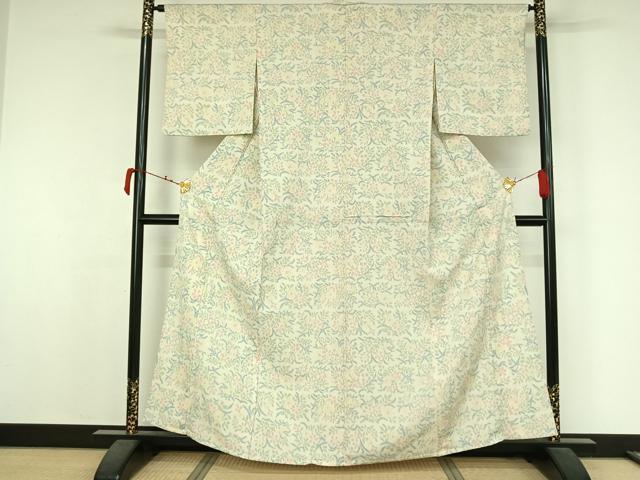 平和屋着物▽お召　単衣　草花文　正絹　逸品　AABK3614jh