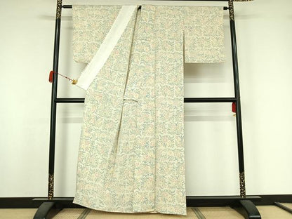平和屋着物▽お召　単衣　草花文　正絹　逸品　AABK3614jh