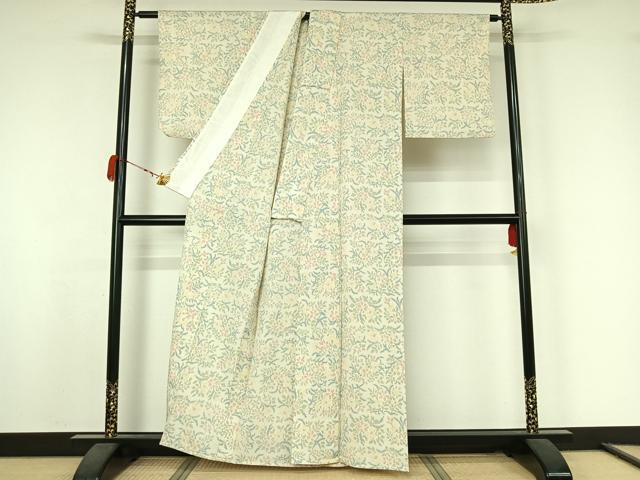 平和屋着物▽お召　単衣　草花文　正絹　逸品　AABK3614jh
