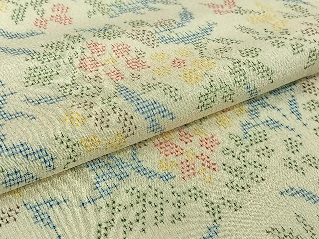 平和屋着物▽お召　単衣　草花文　正絹　逸品　AABK3614jh