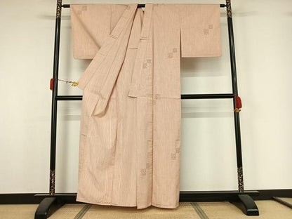平和屋着物▽上質な紬　単衣　草花文　木版染　正絹　逸品　AABK3615jh