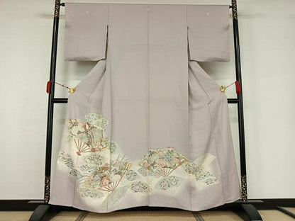 平和屋着物▽豪華色留袖　単衣　駒刺繍　扇面花鳥文　暈し染め　金彩　正絹　逸品　AABK3617jh