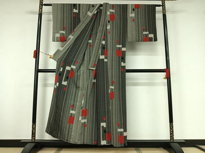 平和屋着物▽お召　単衣　幾何学文様　金銀糸　正絹　逸品　AABK3619jh