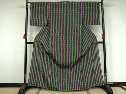 平和屋着物▽上質な紬　単衣　縞　正絹　逸品　AABK3620jh