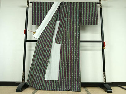 平和屋着物▽上質な紬　単衣　縞　正絹　逸品　AABK3620jh