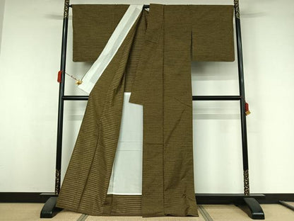 平和屋着物▽上質な紬　花織　単衣　縞　正絹　逸品　未使用　AABK3622jh
