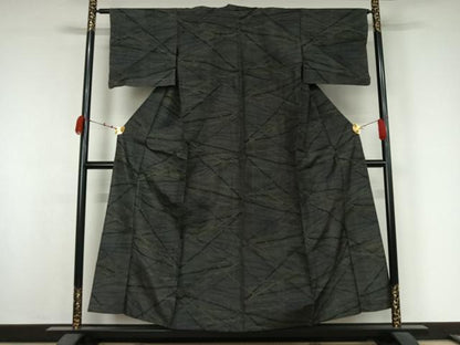 平和屋着物▽上質な紬　単衣　幾何学文様　黒地　正絹　逸品　AABK3623jh