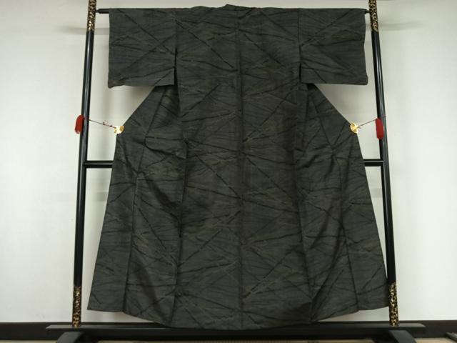 平和屋着物▽上質な紬　単衣　幾何学文様　黒地　正絹　逸品　AABK3623jh