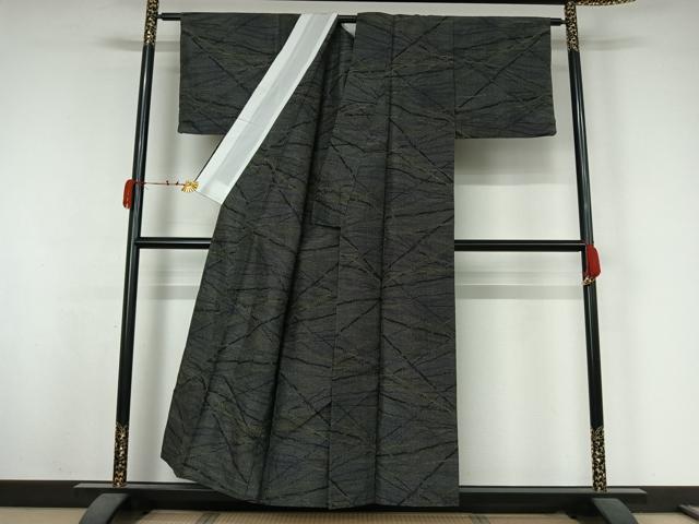 平和屋着物▽上質な紬　単衣　幾何学文様　黒地　正絹　逸品　AABK3623jh