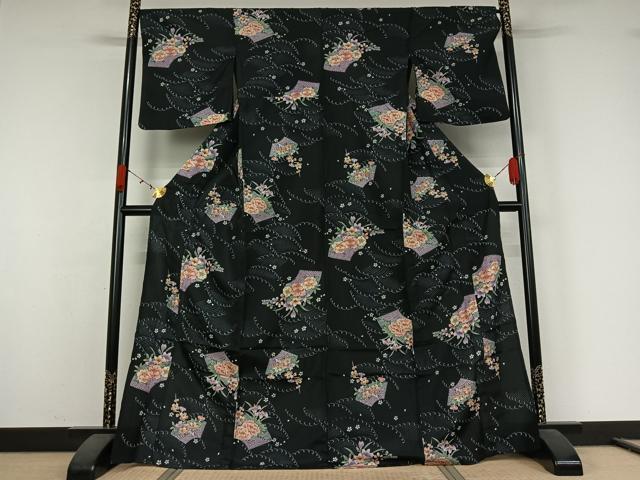平和屋着物▽小紋　単衣　地紙花文　黒地　洗える着物　AABK3626jh