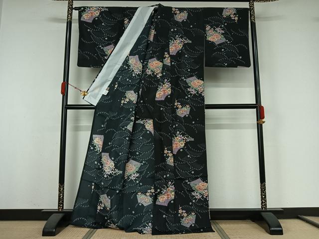 平和屋着物▽小紋　単衣　地紙花文　黒地　洗える着物　AABK3626jh