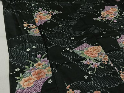 平和屋着物▽小紋　単衣　地紙花文　黒地　洗える着物　AABK3626jh