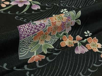 平和屋着物▽小紋　単衣　地紙花文　黒地　洗える着物　AABK3626jh
