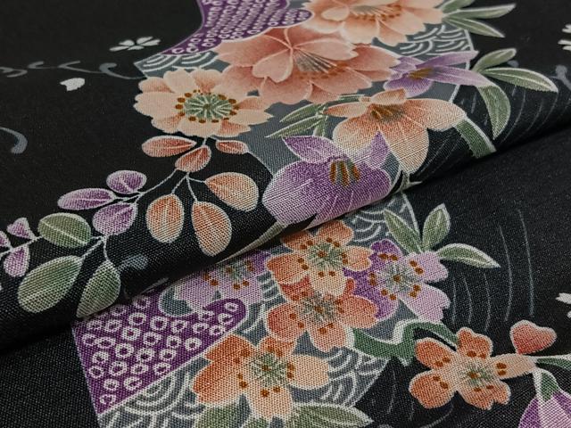 平和屋着物▽小紋　単衣　地紙花文　黒地　洗える着物　AABK3626jh