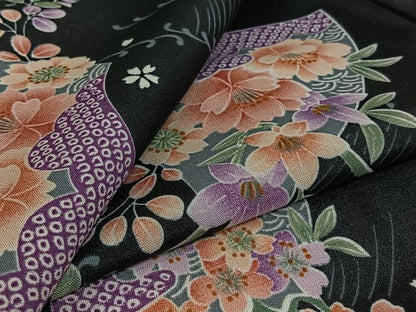平和屋着物▽小紋　単衣　地紙花文　黒地　洗える着物　AABK3626jh