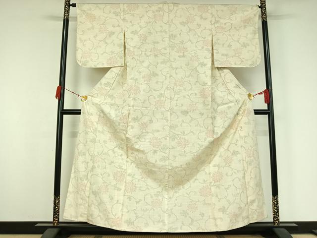平和屋着物▽上質な紬　単衣　花唐草文　正絹　逸品　AABK3627jh