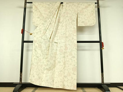 平和屋着物▽上質な紬　単衣　花唐草文　正絹　逸品　AABK3627jh