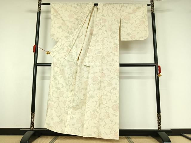 平和屋着物▽上質な紬　単衣　花唐草文　正絹　逸品　AABK3627jh