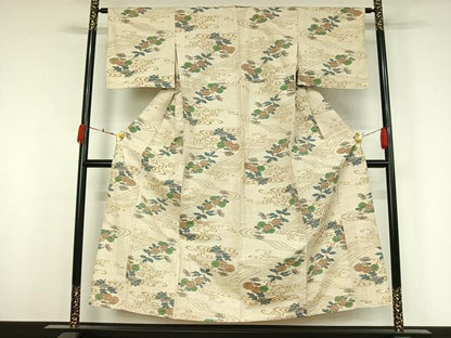 平和屋着物▽上質な紬　単衣　流水花文　正絹　逸品　AABK3629jh
