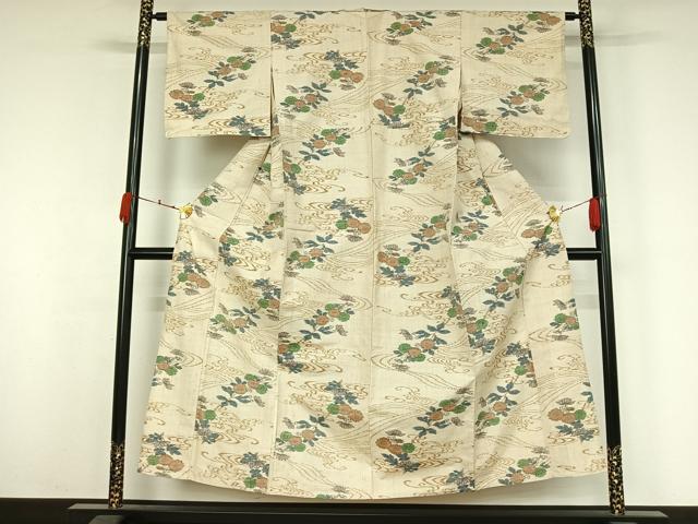 平和屋着物▽上質な紬　単衣　流水花文　正絹　逸品　AABK3629jh