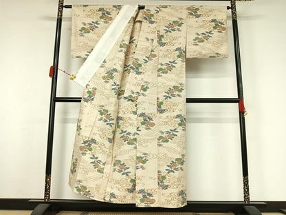 平和屋着物▽上質な紬　単衣　流水花文　正絹　逸品　AABK3629jh