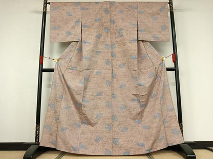 平和屋着物▽上質な紬　単衣　草花文　正絹　逸品　AABK3630jh