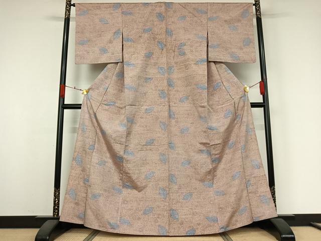平和屋着物▽上質な紬　単衣　草花文　正絹　逸品　AABK3630jh