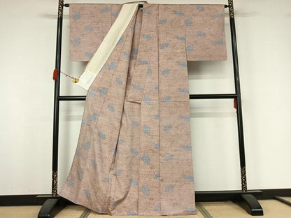 平和屋着物▽上質な紬　単衣　草花文　正絹　逸品　AABK3630jh