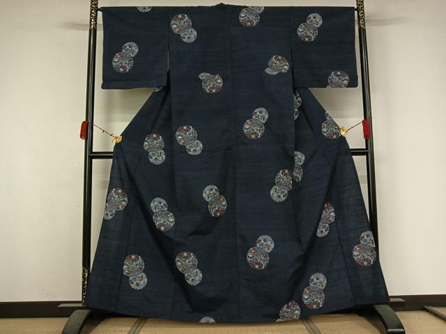 平和屋着物▽上質な紬　単衣　雪輪風景花文　正絹　逸品　AABK3631jh
