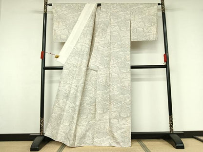 平和屋着物▽上質な紬　単衣　風景文　正絹　逸品　AABK3632jh