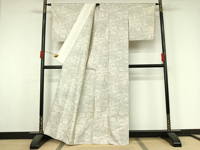 平和屋着物▽上質な紬　単衣　風景文　正絹　逸品　AABK3632jh