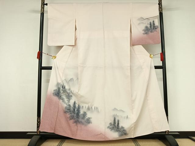 平和屋着物▽訪問着　単衣　紬地　手描き　風景樹林文　暈し染め　正絹　逸品　AABK3633jh
