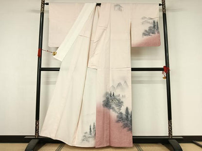 平和屋着物▽訪問着　単衣　紬地　手描き　風景樹林文　暈し染め　正絹　逸品　AABK3633jh