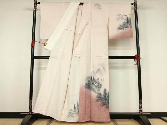 平和屋着物▽訪問着　単衣　紬地　手描き　風景樹林文　暈し染め　正絹　逸品　AABK3633jh