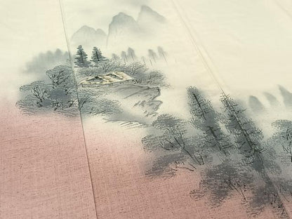 平和屋着物▽訪問着　単衣　紬地　手描き　風景樹林文　暈し染め　正絹　逸品　AABK3633jh