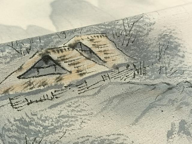 平和屋着物▽訪問着　単衣　紬地　手描き　風景樹林文　暈し染め　正絹　逸品　AABK3633jh