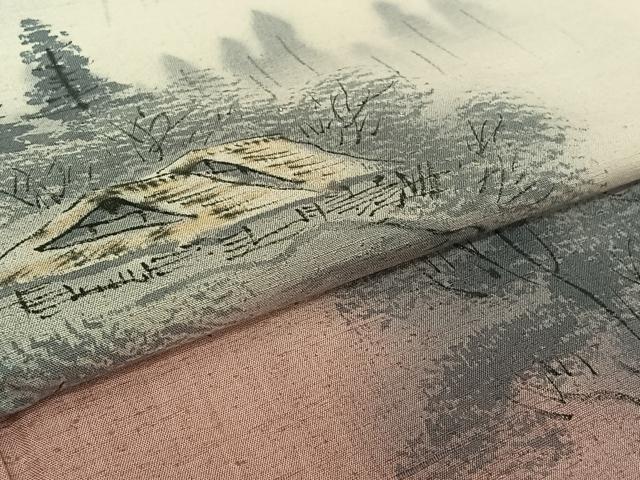 平和屋着物▽訪問着　単衣　紬地　手描き　風景樹林文　暈し染め　正絹　逸品　AABK3633jh