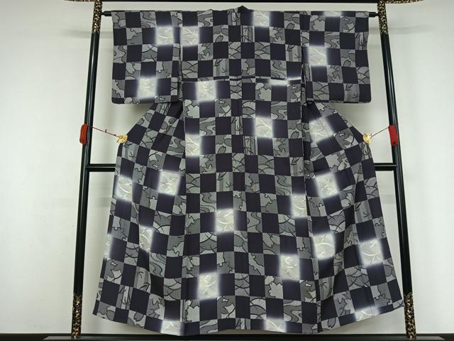 平和屋着物▽上質な小紋　単衣　市松芝花文　暈し染め　金銀彩　正絹　逸品　AABK3635jh