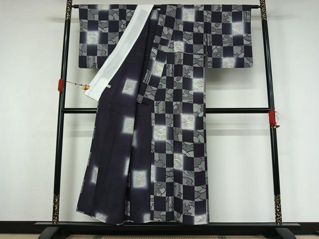 平和屋着物▽上質な小紋　単衣　市松芝花文　暈し染め　金銀彩　正絹　逸品　AABK3635jh