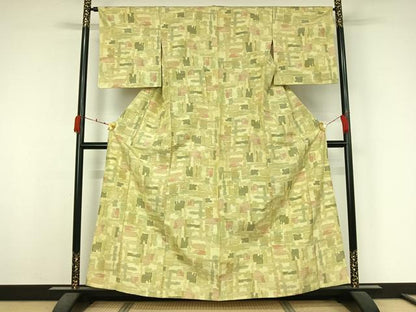 平和屋着物▽上質な紬　単衣　幾何学文様　正絹　逸品　AABK3636jh
