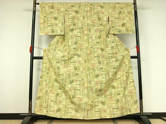 平和屋着物▽上質な紬　単衣　幾何学文様　正絹　逸品　AABK3636jh