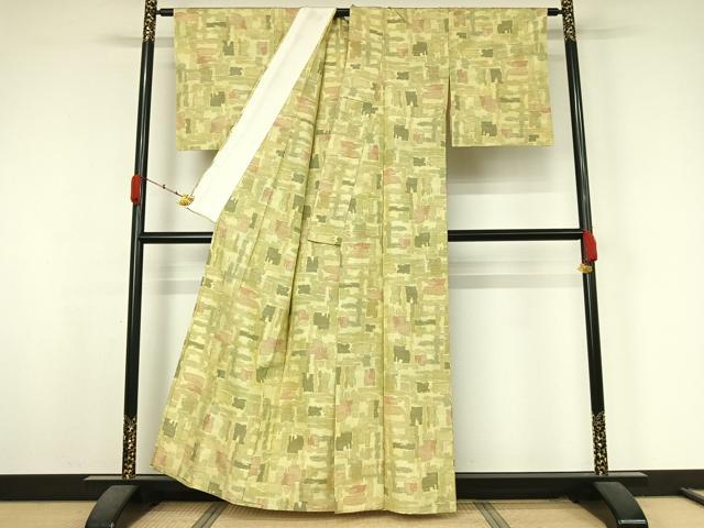 平和屋着物▽上質な紬　単衣　幾何学文様　正絹　逸品　AABK3636jh
