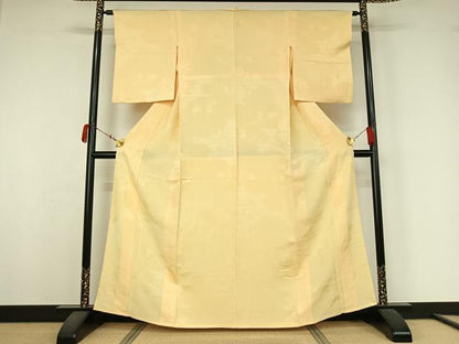 平和屋着物▽上質な色無地　単衣　雲取り花地紋　蜂蜜色　正絹　逸品　AABK3640jh
