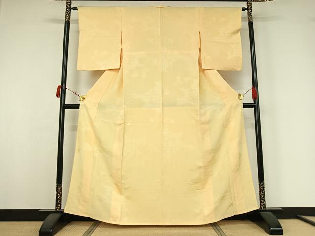 平和屋着物▽上質な色無地　単衣　雲取り花地紋　蜂蜜色　正絹　逸品　AABK3640jh