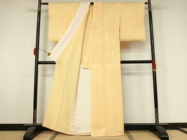 平和屋着物▽上質な色無地　単衣　雲取り花地紋　蜂蜜色　正絹　逸品　AABK3640jh